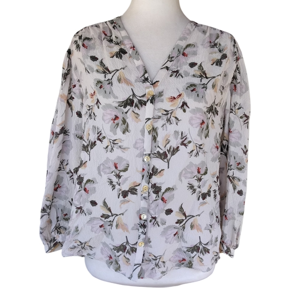 Rebecca Taylor Floral Hammered Silk Peasant Blouse Flowy Size 4 - Picture 2 of 9